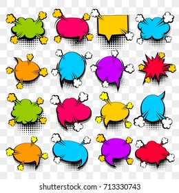 16 Big set picture blank template pop art style comic text speech bubble halftone dot background. Comics book dialog empty cloud, space cartoon box pop-art. Creative idea conversation sketch explosion
