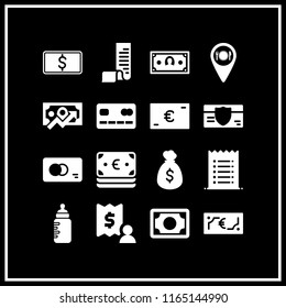 16 bill vector icon set with euro, dollars bag, dollar bill and money icons for mobile and web