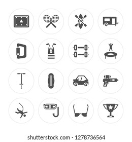 16 Billiard, Tennis racket, Snorkel, Bungee jumping, Paintball, Cup, Climbing, Pogo stick, Dumbbell modern icons on round shapes, vector illustration, eps10, trendy icon set.