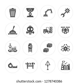16 Bin, Weight, Barrier, Measuring tape, Artificial intelligence, Factory, Lever, Conveyor, Forklift modern icons on round shapes, vector illustration, eps10, trendy icon set.