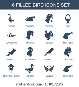 16 bird icons. Trendy bird icons white background. Included filled icons such as goose, chicken, turkey, egg, lovebirds, meat leg, parrot, rooster. bird icon for web and mobile.