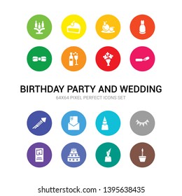 16 birthday party and wedding vector icons set included birthday, birthday boy, cake, card, flag, girl, invitation, rocket, blower, bouquet, wedding wine icons