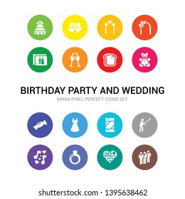 16 birthday party and wedding vector icons set included queue, relationship, ring, romantic music, selfie, snack, suit, sweet, teddy bear, toast, wedding icons