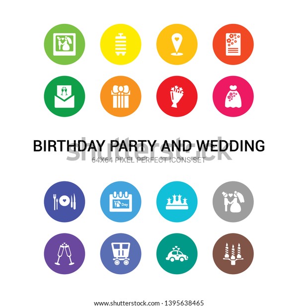 16 birthday party and\
wedding vector icons set included wedding candle, wedding car,\
carriage, champagne, couple, crown, day, dinner, dress, flowers,\
gift icons