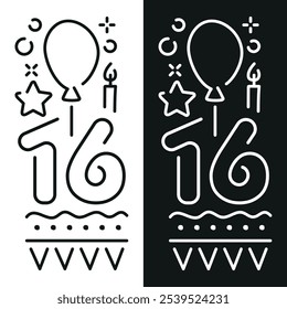 16 birthday vector line drawing illustration