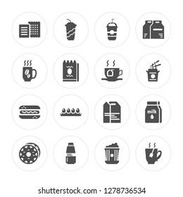 16 Biscuit, Beverage, Yogurt, Doughnut, Milk, Tea, Coffee cup, Hot dog, Tea modern icons on round shapes, vector illustration, eps10, trendy icon set.