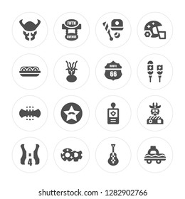 16 Bison, Fifth avenue, Donut, Basketball, Cowboy, Cab, Hot dog, Rugby, Route 66 modern icons on round shapes, vector illustration, eps10, trendy icon set.