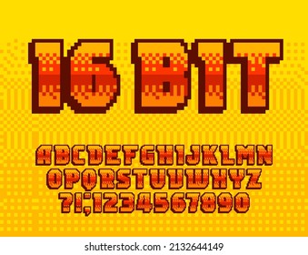 16 Bit Alphabet Font. Pixel Letters And Numbers. 80s Arcade Video Game Typeface.