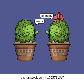 16 bit cute cacti in the old pixel style for stickers, clip art, posters, video games, mobile applications. A spiky pair of plants say, "Hug me, I'm trying." Vector home plants in pots.