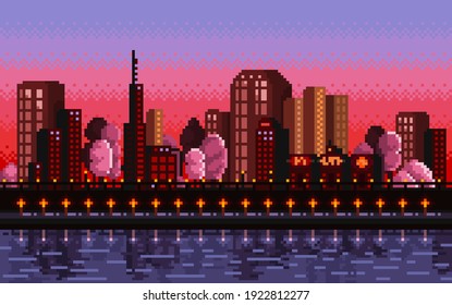 16 bit pixel art for backgrounds video games  arcades  posters  advertisements  Bright colorful embankment  illuminated street  city in darkness  Sunset near the river and beautiful gradient sky