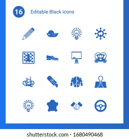 16 black filled icons set isolated on . Icons set with Pencil, seafood, Idea, Chess, Man shoes, Board stand, bike repair service, Cutter knife, jacket, leather, Partnership icons.
