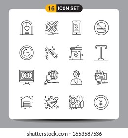 16 Símbolos de esquema del paquete de iconos negros Señales de diseño responsable en fondo blanco. Juego De 16 Iconos.