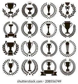 16 black vector images of sport trophies and awards with laurel on white background