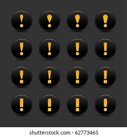 16 black web 2.0 button warning attention sign with exclamation mark. Smooth satined round shape with shadow on gray background