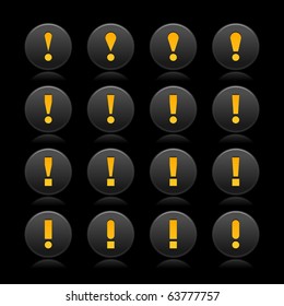 16 black web 2.0 button warning attention sign with exclamation mark. Smooth satined round shape with reflection on black background