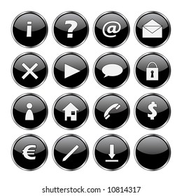 16 black web buttons part 1: exclamation, question, at, mail, delete, arrow, cloud, lock, man, home, telephone, dollar,euro, pen, download and empty. See my portfolio for more.