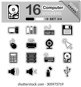 16 Black and White Computer Icons - Stickers - Symbols - Vector Illustration