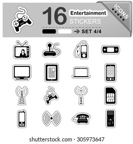 16 Black and White Entertainment Icons - Stickers - Symbols - Vector Illustration