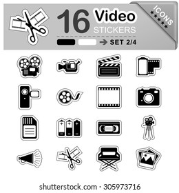 16 Black and White Video Icons - Stickers - Symbols - Vector Illustration