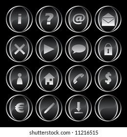 16 black/gray buttons part 1:exclamation, question, at, mail, delete, arrow, cloud, lock, user, home, telephone, dollar, euro, pen, download, empty. Find more in my portfolio.