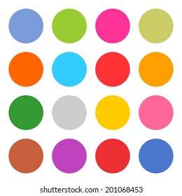 16 blank icon circle web button on white background. Simple flat, solid, plain style. Blue, red, yellow, gray, green, pink, orange, brown, violet shapes. This vector illustration save in 8 eps