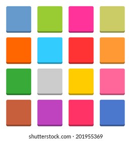 16 blank icon in flat style. Square 3D button on white background. Blue, red, yellow, gray, green, pink, orange, brown, violet colors. Vector illustration web internet design element in 8 eps