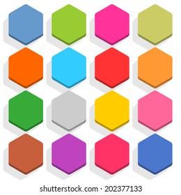16 blank icon in flat style. Hexagon 3D button with shadow on white background. Blue, red, yellow, gray, green, pink, orange, brown, violet colors. Vector illustration web design element in 8 eps