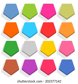 16 blank icon in flat style. Pentagon 3D button with shadow on white background. Blue, red, yellow, gray, green, pink, orange, brown, violet colors. Vector illustration web  design element in 8 eps