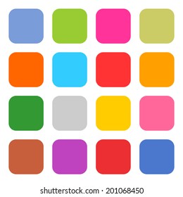 16 blank icon rounded square web button on white background. Simple flat, solid, plain style. Blue, red, yellow, gray, green, pink, orange, brown, violet shapes. This vector illustration save in 8 eps