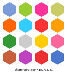 16 blank icon set hexagon web button on white background. Simple flat, solid, plain style. Blue, green, pink, orange, red, yellow, gray, brown, violet, shapes. Vector illustration  save in 8 eps