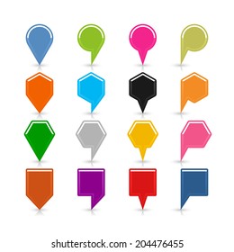16 blank map pins sign location icon with shadow reflection on white background. Set 04 Blue green pink orange gray black yellow brown violet colors shapes. Vector illustration web design save 8 eps
