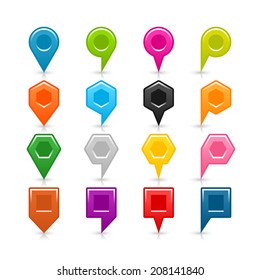 16 blank map pins sign location icon with shadow reflection on white background. Set 02 Blue green pink orange gray black yellow brown violet colors shapes. Vector illustration 8 eps