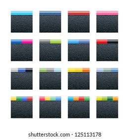 16 blank social networks icon. Black square shape with plastic texture and popular colors striped lines on white background. Empty space for any sign or text. Vector illustration web design 10 eps
