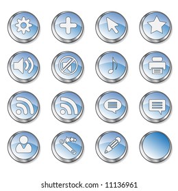 16 blue buttons part 4: cog, plus, cursor, star, sound on, sound off, note, printer, rss, cloud, user, wizard, pen, blank. Find more in my portfolio.