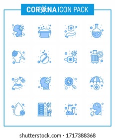 16 Blue Coronavirus Covid19 Icon pack such as nose; research; soapy water; lab; test viral coronavirus 2019-nov disease Vector Design Elements
