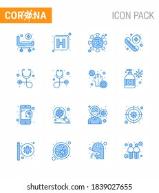 16 Blue coronavirus epidemic icon pack suck as stethoscope; diagnosis; spread; care; emergency viral coronavirus 2019-nov disease Vector Design Elements
