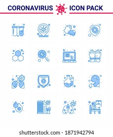16 Blue coronavirus epidemic icon pack suck as experiment; shield; soap; medical; protection viral coronavirus 2019-nov disease Vector Design Elements