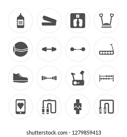 16 Bottle, Step, Chest expander, Smartphone, Dumbbells, Jumping rope, Ball, Sneakers, Dumbbell modern icons on round shapes, vector illustration, eps10, trendy icon set.