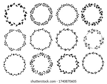 16 branches and leaves wreath. Hand drawn vector. Botanical sketch collection. Decorative elements for design. Ink, vintage, doodle.