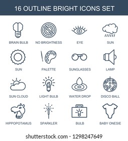 16 bright icons. Trendy bright icons white background. Included outline icons such as brain bulb, no brightness, eye, sun, palette, sunglasses. bright icon for web and mobile.