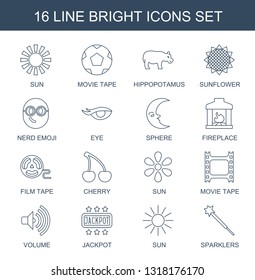 16 bright icons. Trendy bright icons white background. Included line icons such as sun, movie tape, hippopotamus, sunflower, nerd emoji, eye, sphere. bright icon for web and mobile.