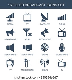 16 broadcast icons. Trendy broadcast icons white background. Included filled icons such as signal, TV, satellite, megaphone, no al, microphone. broadcast icon for web and mobile.