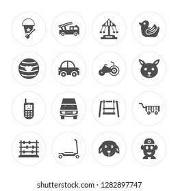 16 Bucket toy, Fire truck Scooter Abacus Cart Mrs potato Ball Phone Tricycle toy modern icons on round shapes, vector illustration, eps10, trendy icon set.