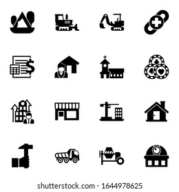 16 building filled icons set isolated on white background. Icons set with Camping, bulldozer, excavator, Accounting, Real estate service, church, Business Company, Small business icons.