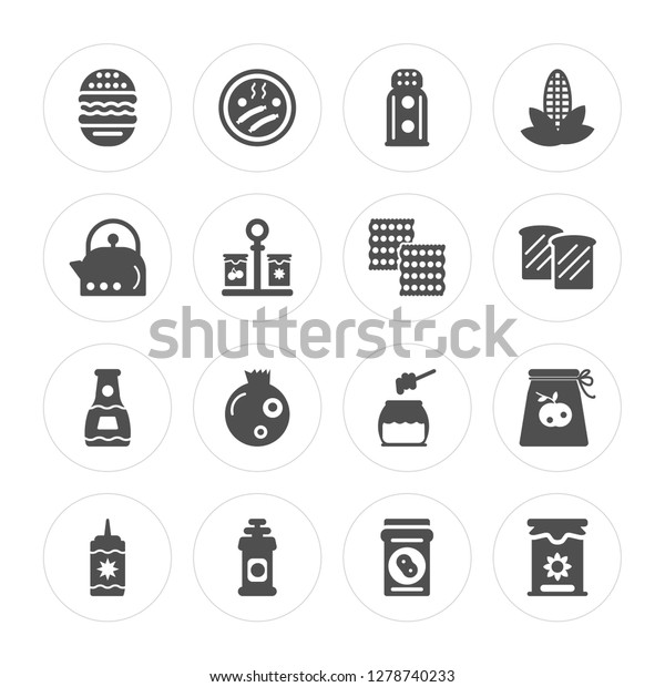 16 Burger, Sausage, Pepper, Mustard, Jam,\
Kettle, Sauce, Biscuit modern icons on round shapes, vector\
illustration, eps10, trendy icon\
set.