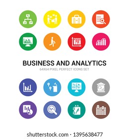16 business and analytics vector icons set included 3d location graph, agenda, analysis, analytic visualization, analytics, analytics monitor, auction, bar chart, bar stats, bars chart analysis,