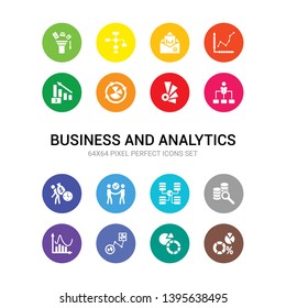 16 business and analytics vector icons set included data analytics, data analytics circular, data flow, wave, database analysing, database interconnected, deal, debt, department head, depleting
