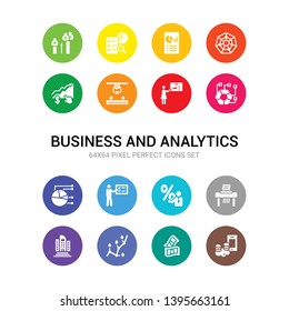 16 business and analytics vector icons set included mobile stock data, money, mortgage statistics, organization, paper shder, percentage, person explaining strategy, pie chart, polygonal chart,