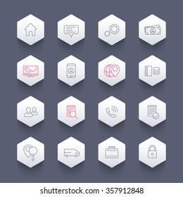 16 business, finance, enterprise line icons, hexagon set, vector illustration