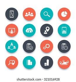 16 business round flat icons pack, vector illustration